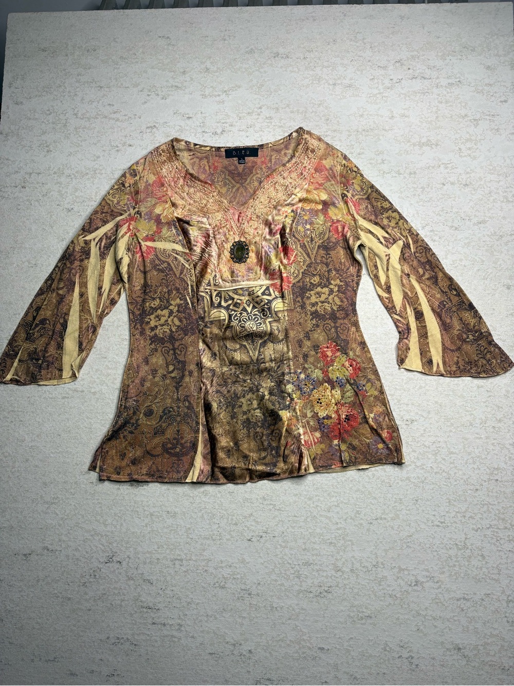 Vintage B.L.E.U. Y2K Brown Multi Paisley Floral V-Neck Bell Sleeve Tunic